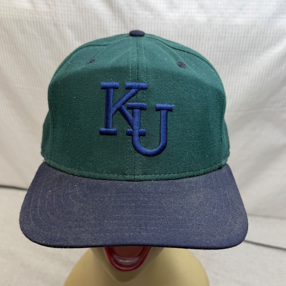 New Era KU Baseball Cap Mens 7 Green Navy Vintage Fitted Kansas Jayhawks USA